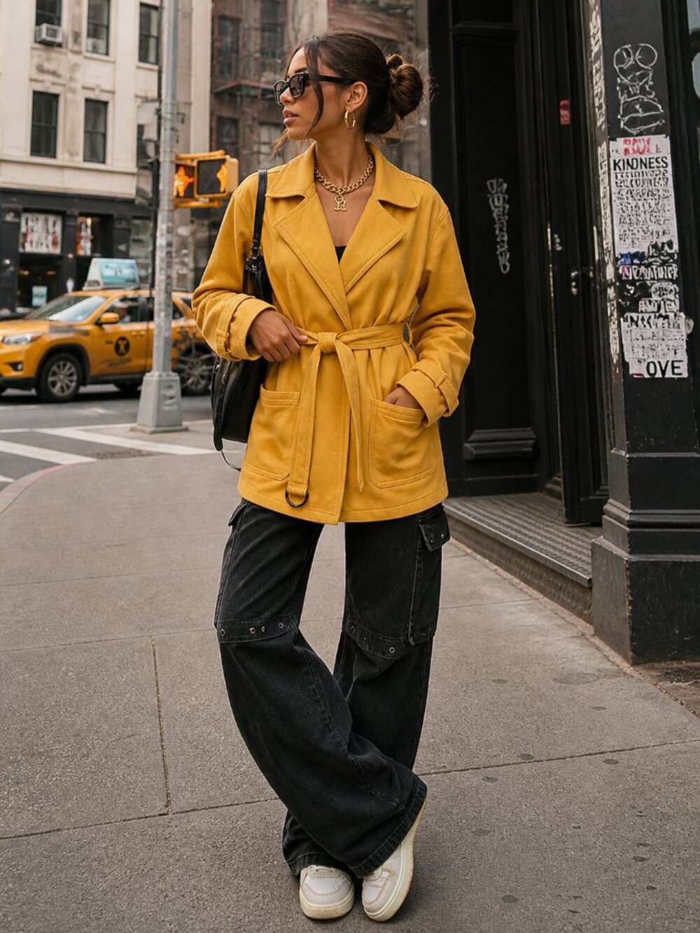 VINTAGE Y2K Mustard Yellow Leather Jacket S M L Well Loved Coat 90s Hip Hop NYC